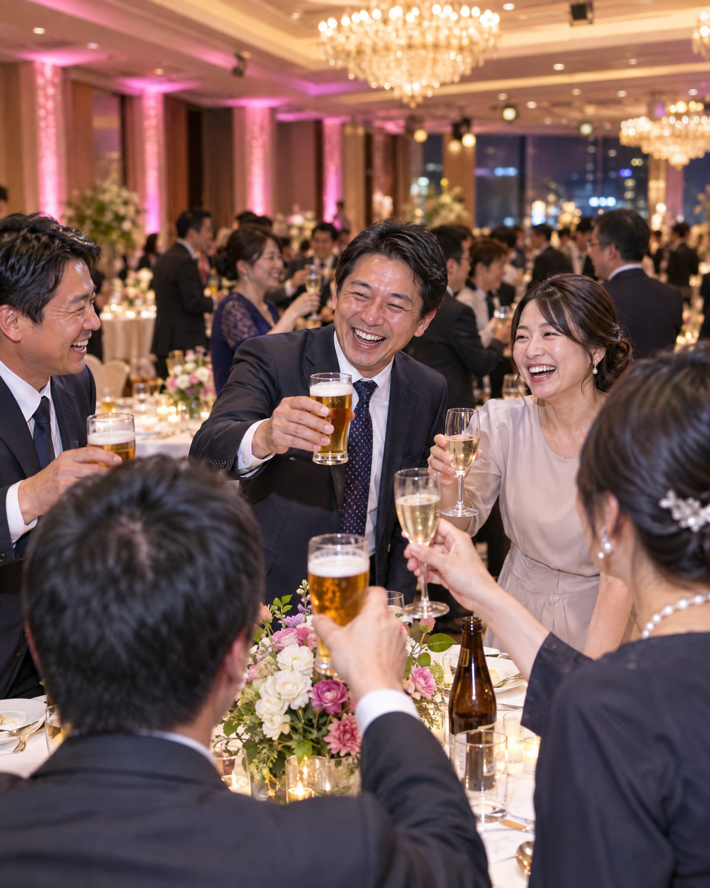 ホテルの宴会場で、日本人の社員たちが笑顔で乾杯する周年パーティー