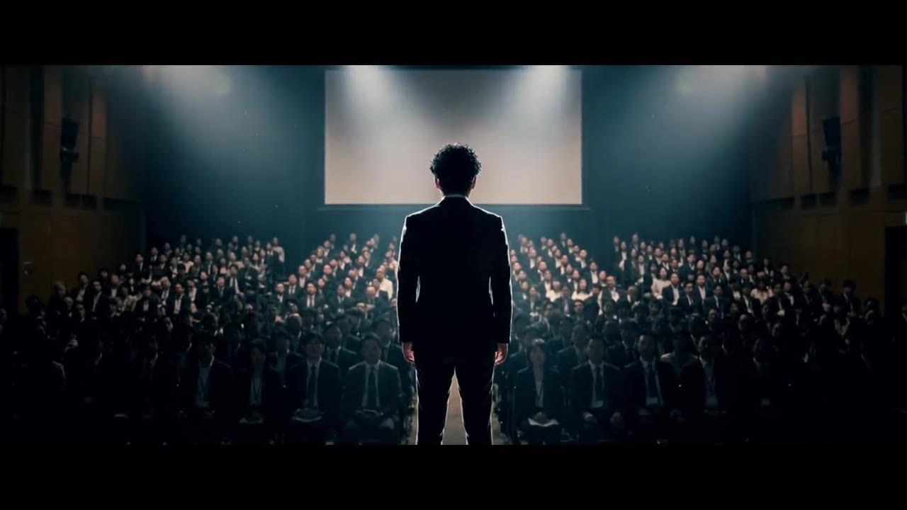 満員の会場で、聴衆の前に立つ講演者の後ろ姿（PR動画より）