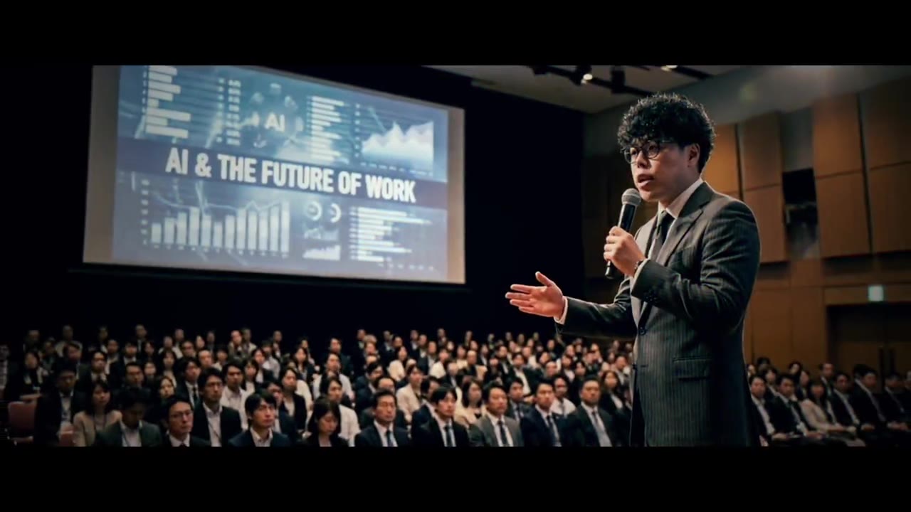 「AI & THE FUTURE OF WORK」のスクリーンの前で講演する代表・小川（PR動画より）