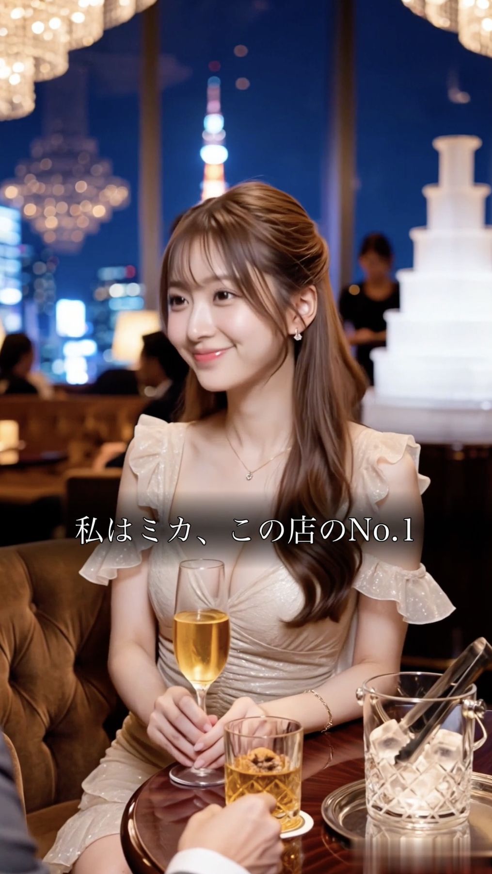 ショートドラマ『社長を値踏みした女』の一場面。ラウンジでグラスを持つミカ
